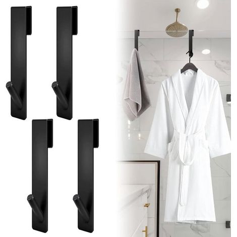 Ganchos para puerta de baño, Juego de 4-16,5 × 2,5 cm, Gancho para toallas de acero inoxidable, Gancho para pared de ducha de cristal, Negro (1/5)