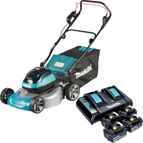 Tondeuse à gazon sans fil Makita DLM 466 PF4 36 V (2x 18 V) 46 cm sans balais + 4 batteries 3,0 Ah + chargeur