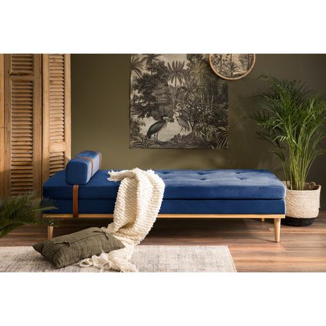 Méridienne Lit de Jour en Velours Bleu avec Structure en Bois Naturel et Appui-Tête - PANGIVO (1/5)