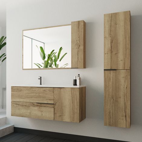 Ensemble meuble de salle de bain 120cm vasque déportée + colonne de rangement - roble (chêne clair) - KING (1/5)