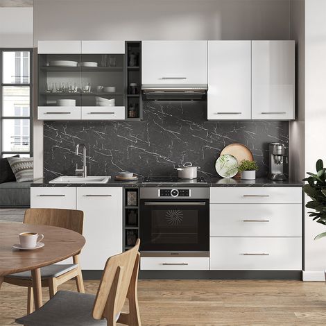 Mueble de cocina Fame-Line, Blanco brillo/antracita, 235 cm sin encimera, Vicco (1/5)