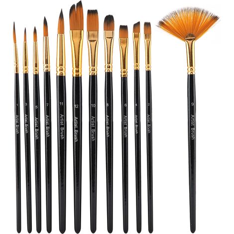 Ensemble de 12 Brosses à Peinture en Nylon avec Manche en Bois Noir pour Aquarelle et Artisanat (1/5)