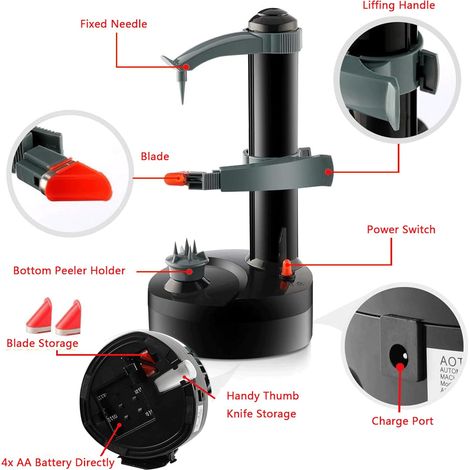 Pelapatate elettrico, pelapatate automatico per frutta e verdura con 3 lame di ricambio, adattatore da 6 V incluso (1/4)