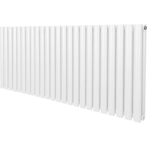 Radiatore a colonna ovale 600 mm x 1440mm Designer Doppio pannello Termosifone Bianco Acciaio Orizzontale Inclusi Spazzola per la pulizia Kit di fissaggio e staffe