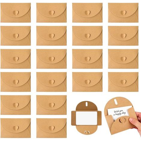 20 Mini Umschläge mit Karten Kraftpapierumschläge im Vintage Stil Blankokarten Herzförmiger Verschluss Grußkarten für Geburtstage und Hochzeiten (1/5)