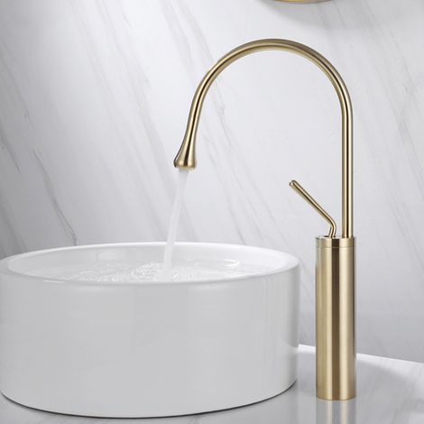 Mitigeur d'Évier Pivotant 360°, Robinet de Cuisine à Bec Haut, Robinetterie Mélangeur Eau Froide et Chaude, Finition Doré Brossé, Hauteur 45cm (1/3)
