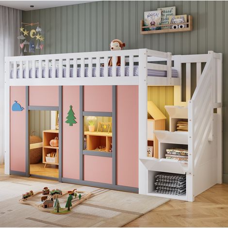 Cama alta infantil de 90x200 cm con espacio de almacenamiento, iluminación LED y zona de juegos, estructura de madera estable en blanco y rosa. (1/5)