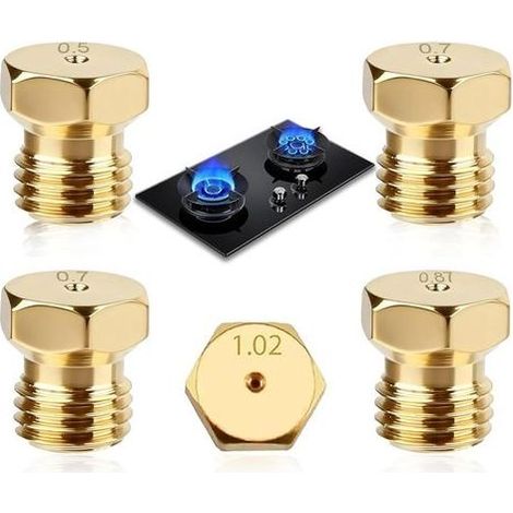 Lot de 5 Gicleur Gaz Butane,Injecteur de Gaz Bouteille Kit de Conversion, Bouteille Gicleur Brûleur 0,5/0,7/0,87/1,02,Butane pour Buses et Injecteurs pour Bruleur Gaziniere