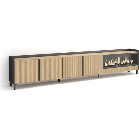 Skraut Home - Mueble TV, Televisión, Muebles de salón, almacenaje, 315x35x61cm, Para TV hasta 80", Chimenea eléctrica XXL, Diseño industrial, Estilo Moderno, Roble y negro (1/5)