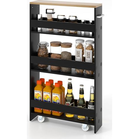 COSTWAY Carrito Estrecho con 4 Niveles de Cocina Empuñadura, 48 x 12,5 x 81cm, estantería con Ruedas Estrecha, Ahorra Espacio con Estantes Estrechos, Cocina, Baño, Despensa (Negro+Natural)