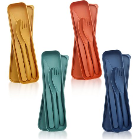 4 Pièces Couverts en Plastique, Couvert Voyage avec Étui, Set de Couverts Camping Portable Réutilisables avec Cuillère, Couteau et Fourchette pour Déplacements, Bureau, L'école et Pique-niques (1/5)