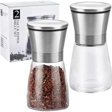 2 pièces Moulin à poivre et sel en acier inoxydable brossé et verre pour sel et poivre, fenouil épices (1/3)