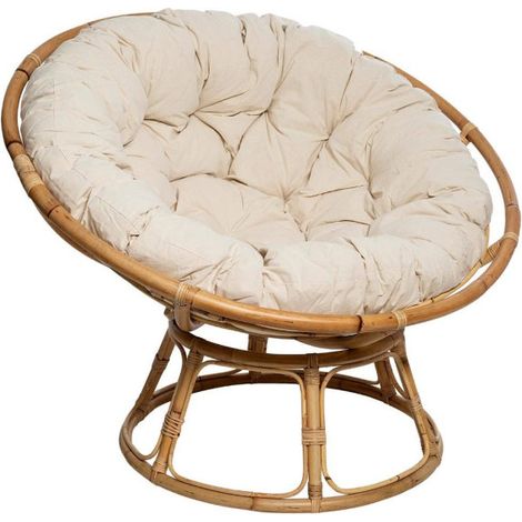 Atmosphera – Fauteuil relax Papasan en rotin naturel – Dimensions L. 112 x l. 106 x H. 81 cm – Coussin inclus – Chic et confortable