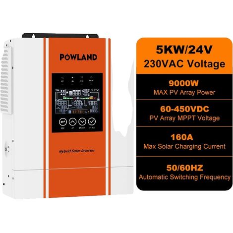 Inverter solare, potenza nominale 5000 W, potenza di picco 10 kVA, tensione massima a circuito aperto PV 500 V CC, corrente di carica massima PV 160 A, dimensioni 445 mm x 385 mm x 165 mm (1/5)