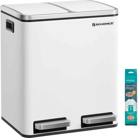 Poubelle Cuisine, 2 x 15 L, Poubelle Tri, avec Pédale, 2 Compartiments, 15 Sacs Poubelles, Seaux Intérieurs, Couvercles en Douceur, en Acier, Blanc Nuage LTB030WG01 (1/5)