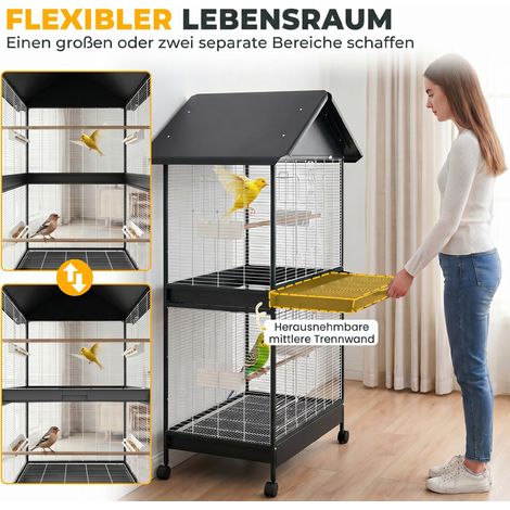 Volière XXL pour grands oiseaux, cage avec cloison amovible, 2 portes, 2 perchoirs en bois, roulettes, 2 coupelles et 4 distributeurs de nourriture (1/5)