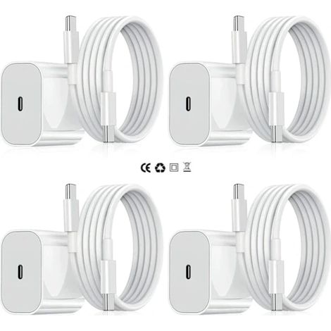 【YD】Lot de 4 chargeurs pour iPhone - Chargeur rapide - Adaptateur + câble de 2 m 20 W USB-C Blanc (4 x 4) (1/5)