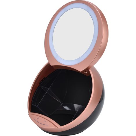 Miroir de maquillage rond à intensité variable, éclairage LED portable, rangement, miroir de maquillage 2 en 1, miroir de beauté pour salle de bain, lumière blanche, rechargeable par USB, couleur or. (1/5)