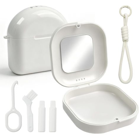 Boîte Appareil Dentaire avec Miroir, Étui Gouttière Orthodontique 6PCS Kit prothèse avec outil de retrait, 2 masticatoires, lanière, pour appareil orthodontique, boîte gouttière (1/5)