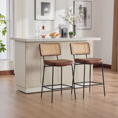 Sgabello da bar moderno dal design lucido, 2 sedie per confezione, rivestimento in similpelle stile vintage, design senza braccioli, schienale con struttura in legno effetto rattan, gambe in metallo v (1/5)
