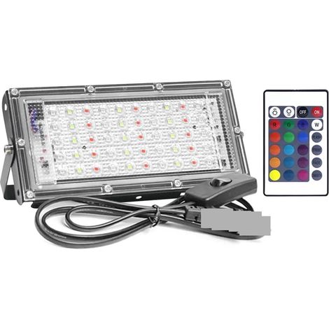 Projecteurs LED d'extérieur, Projecteur LED RGB 50W 100W 300W, étanche IP65, Prise d'éclairage d'extérieur avec télécommande pour Cour, Parking, Patio, Aire de Jeux(50W) (1/5)