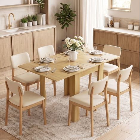Mesa de comedor extensible 140x80x77,5 cm en madera natural, ahorra espacio - MEUBLIV (1/5)