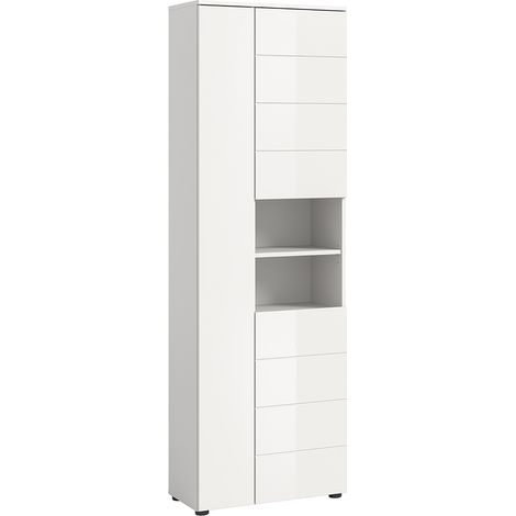 Badezimmer Hochschrank mit 60 cm Breite in weiß mit weiß Hochglanz, 3 Türen & 2 offene Fächer - VELLORE-158 (1/5)