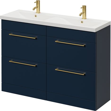 Napoli 390 Deep Blue 1200mm 4 Drawer Vanity Unit with Double Glide Basins - 1200mm - Brushed Brass 320mm Handle