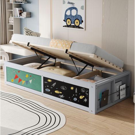 Kinderbett 90/200 cm grau aus Holz mit hydraulischem Stauraum und Kreide- & Filztafel (1/5)