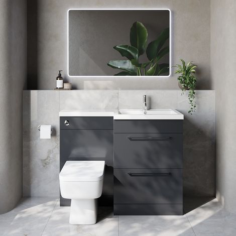 Napoli 460 Gloss Grey 1100mm 2 Drawer Vanity Unit Toilet Suite with Right Hand Square Lucia Basin - 1100mm - Chrome 320mm HandleWith Kingston Toilet Pan and Seat