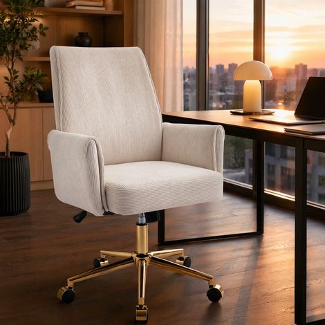 Bürostuhl ergonomisch mit Cordbezug und Goldgestell Weiß OKMYHOME (1/5)
