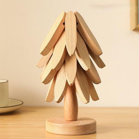 Untersetzer in Baumform aus Holz, Untersetzer-Set in Weihnachtsbaum-Design, geeignet für Besteck, Kochgeschirr, Geschirr und Teekannen (8 Untersetzer + 2 Halterung)