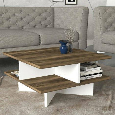 Dmora - Wohnzimmertisch Mufrid, Niedriger Wohnzimmertisch, Kaffeeregal, Couchtisch für Sofa, 60x60h31 cm, Walnuss und Weiß, mit verstärkter Verpackung (1/5)