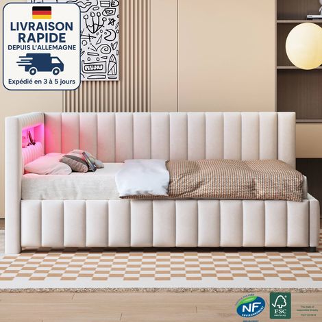 Lit adulte capitonné 140x200cm, velours, canapé convertible 1 place, tête de lit avec rangement, LED, USB, sans matelas, beige (1/5)