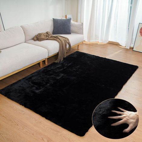 Tapis noir 120x180 cm, doux et lavable, imitation fourrure pour salon et chambre (1/5)