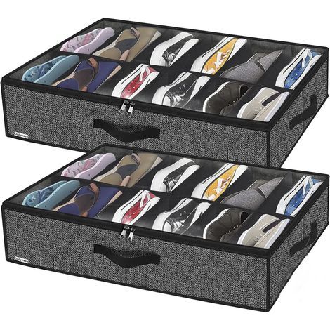 2 Pack Shoe Storage Bag with Clear Window - 12 Compartment Shoe Organizer for Under Bed Storage Box