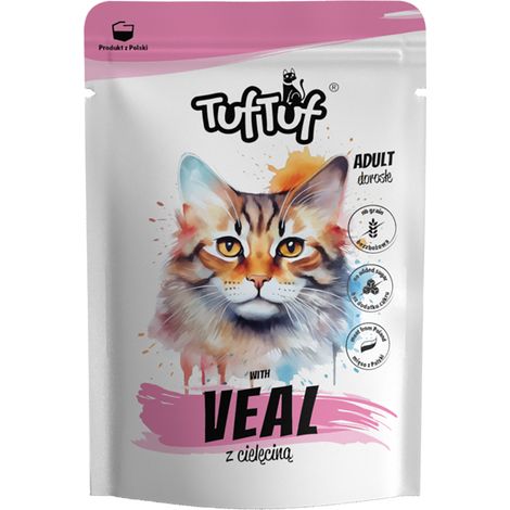 Cibo umido per gatti TufTuf, bustina di vitello da 100 g, carne in scatola.