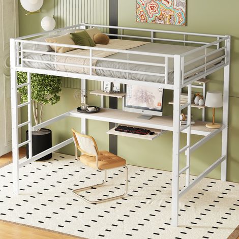 Hochbett 140x200 cm - mit Schreibtisch und zwei Regalen, Sicherheitsgitter, Metallbettgestell für Kinder, Jugendliche und Erwachsene - Weiß (1/5)