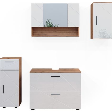Badmöbel-Set Irma, Weiß Hochglanz/Goldkraft Eiche, 4 Teile, Vicco