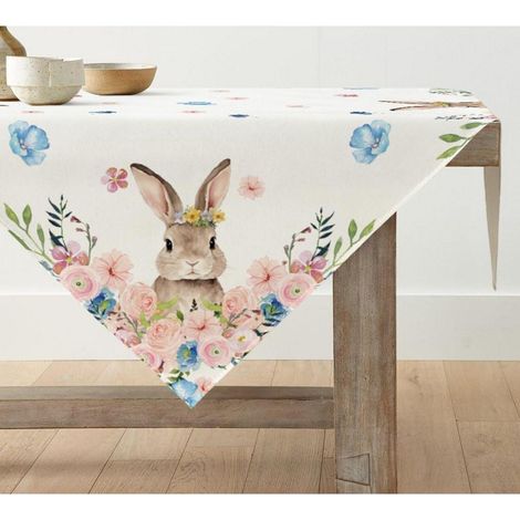 Nappe de Pâques motif lapin, 120x120 cm, lavable, polyester, beige