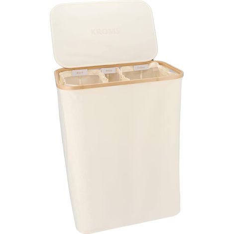 1 Panier à linge, 3 compartiments, pliable, bambou, coton, 160L, buanderie (1/5)