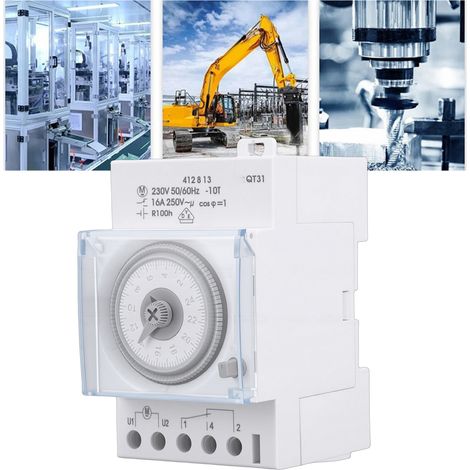 Minuterie mécanique QT31 412813, minuterie industrielle cyclique mécanique de 24 heures avec réglage de programme sur 7 jours, adaptée au montage sur rail en forme de chapeau, 3 modules, 16A AC230V. (1/5)