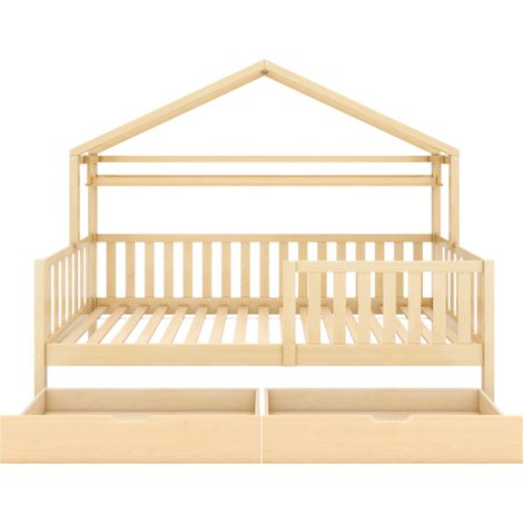 Kinder-Hausbett aus Naturholz mit Schubladen 90 x 200 cm HOMVRA (1/5)