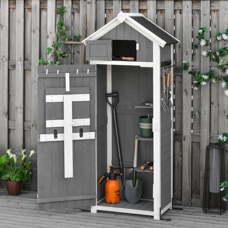 Outsunny Gartenschrank Holz, Geräteschuppen wetterfest 78x52,5x182cm, Gerätehaus mit Tür, Satteldach, Geräteschrank mit Haken, faltbar Tisch, Werkzeugschrank Gartenschuppen für Garten, Terrasse, Grau (1/5)