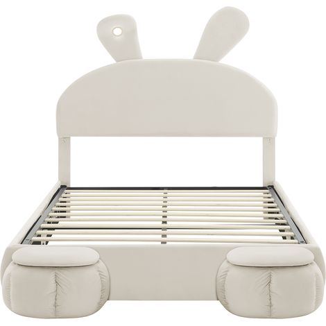 Cama doble tapizada de 140 x 200 cm, bandeja de terciopelo con diseño de orejas de conejo y dos taburetes con espacio de almacenaje, ideal para niños y adolescentes (beige) (1/5)
