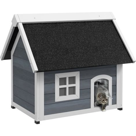 Maison pour chats extérieure en bois, refuge pour chats errants, toit bitumé ouvrant et trois entrées, couleur gris (1/5)
