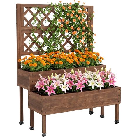 Macetero elevado para jardín, madera de abeto natural, 91 cm de alto x 76 cm de ancho x 38 cm de profundidad, cuatro orificios de drenaje, altura del enrejado de 91 cm, diseño que ahorra espacio. (1/5)
