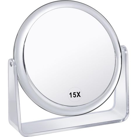 Miroir de maquillage grossissant x15 pour bureau double face 1X/15X Petit miroir grossissant sur pied pour cosmétiques Transparent (1/5)