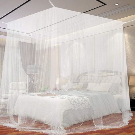 Grand Carrée Moustiquaire pour Lit Extra Large, Moustiquaire Baldaquin Intérieur et Extérieur pour Lits Simples et Doubles - Blanc 190 x 210 x 240cm (1/5)