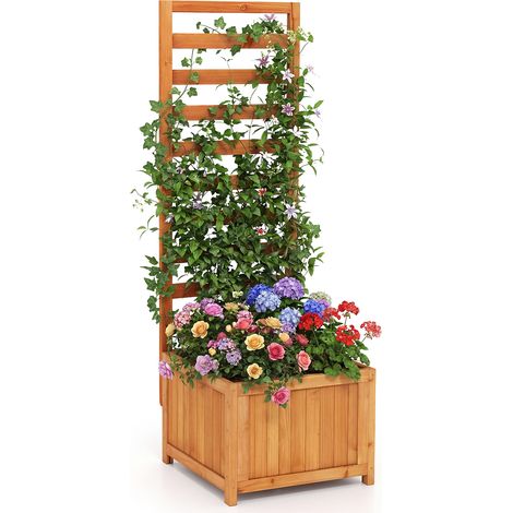 Bac potager surélevé en sapin naturel 48 pouces avec treillis intégré, trous de drainage, bac à planter pour plantes grimpantes sur terrasse et balcon (1/5)